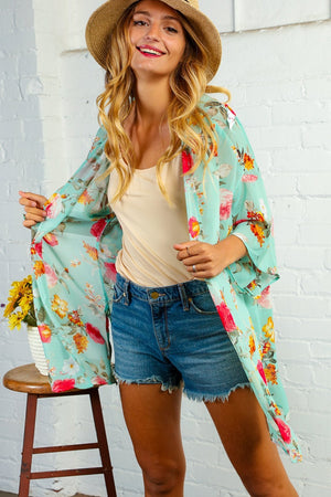 Mint Floral Open Kimono with Side Slits