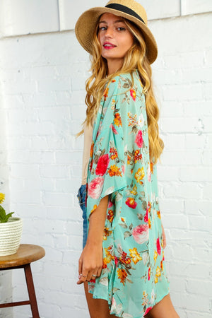 Mint Floral Open Kimono with Side Slits