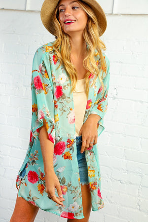 Mint Floral Open Kimono with Side Slits