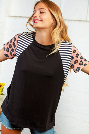 Black Stripe & Animal Raglan Design Top