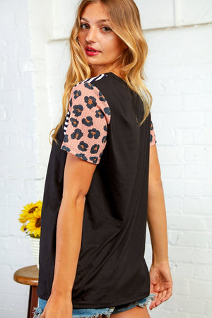 Black Stripe & Animal Raglan Design Top