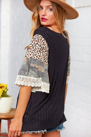 Black Ribbed Animal Camo Crochet Sleeve Hem Blouse
