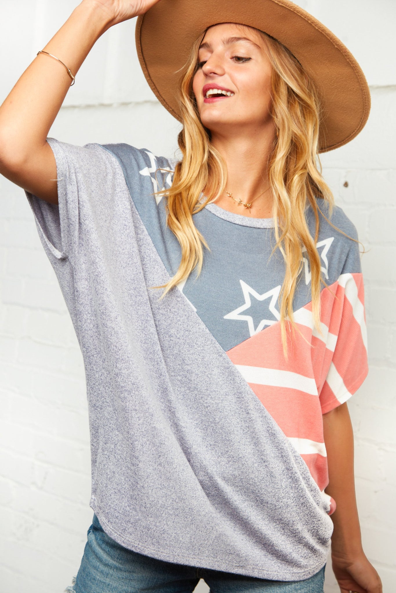 Gray and Coral Star Print Dolman Top