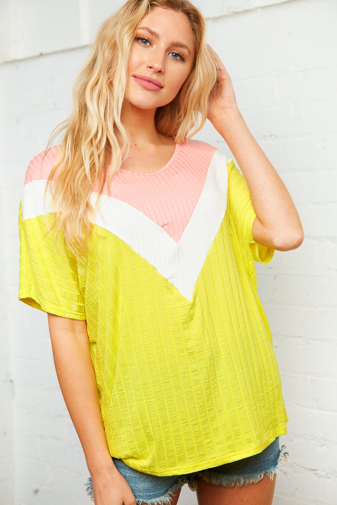 Rib Chevron Color Block Dolman Knit Top