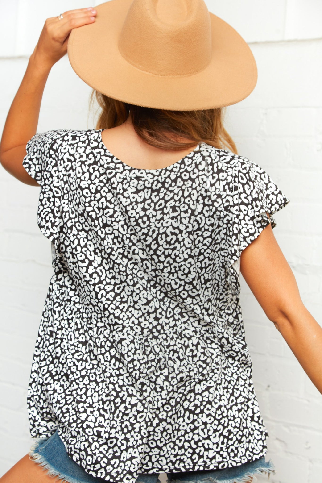 Black Animal Flutter Sleeve Babydoll Top