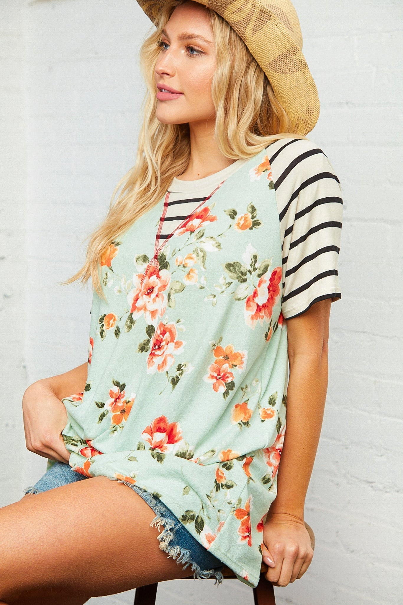 Floral Knit Raglan Stripe Knit Top