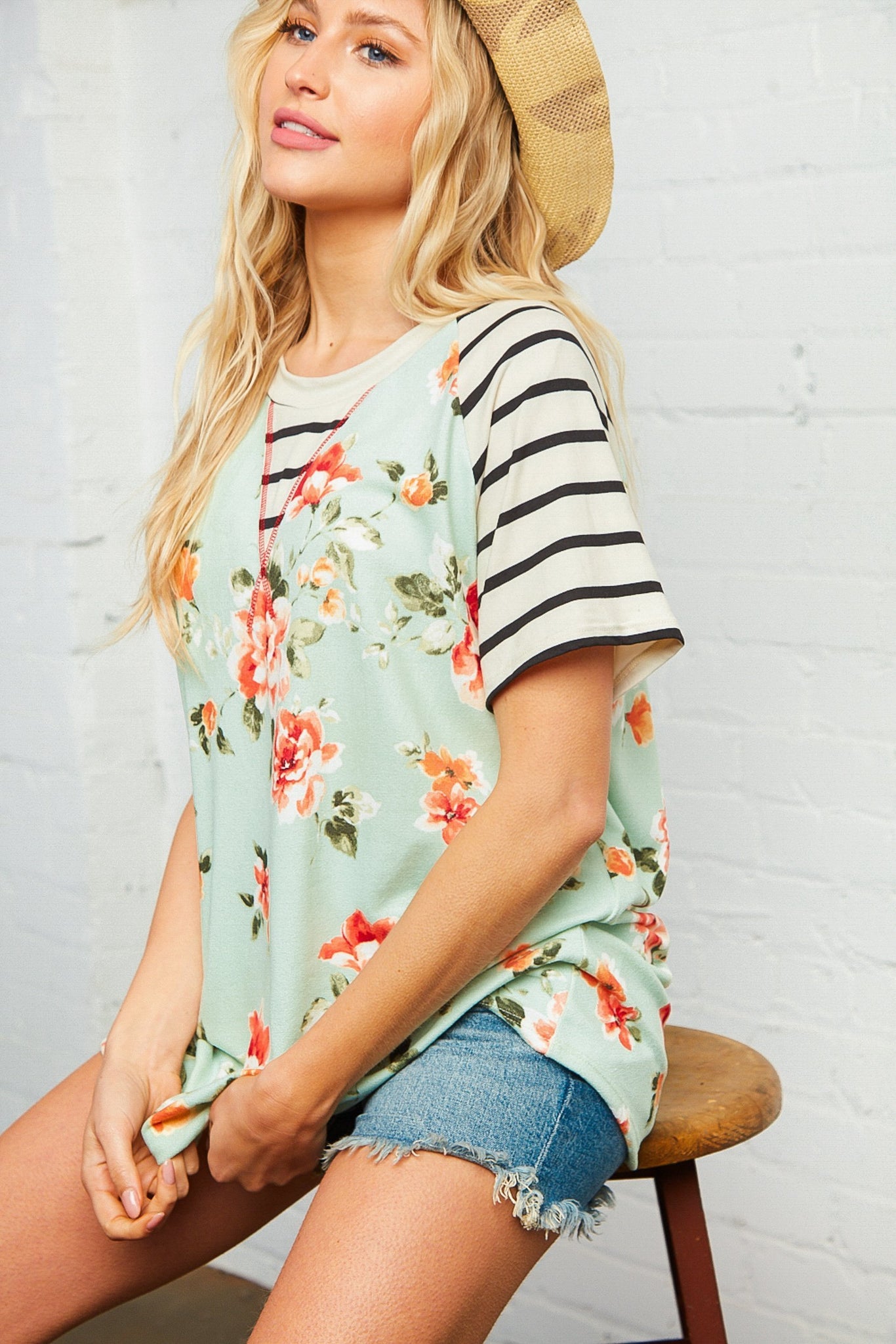 Floral Knit Raglan Stripe Knit Top