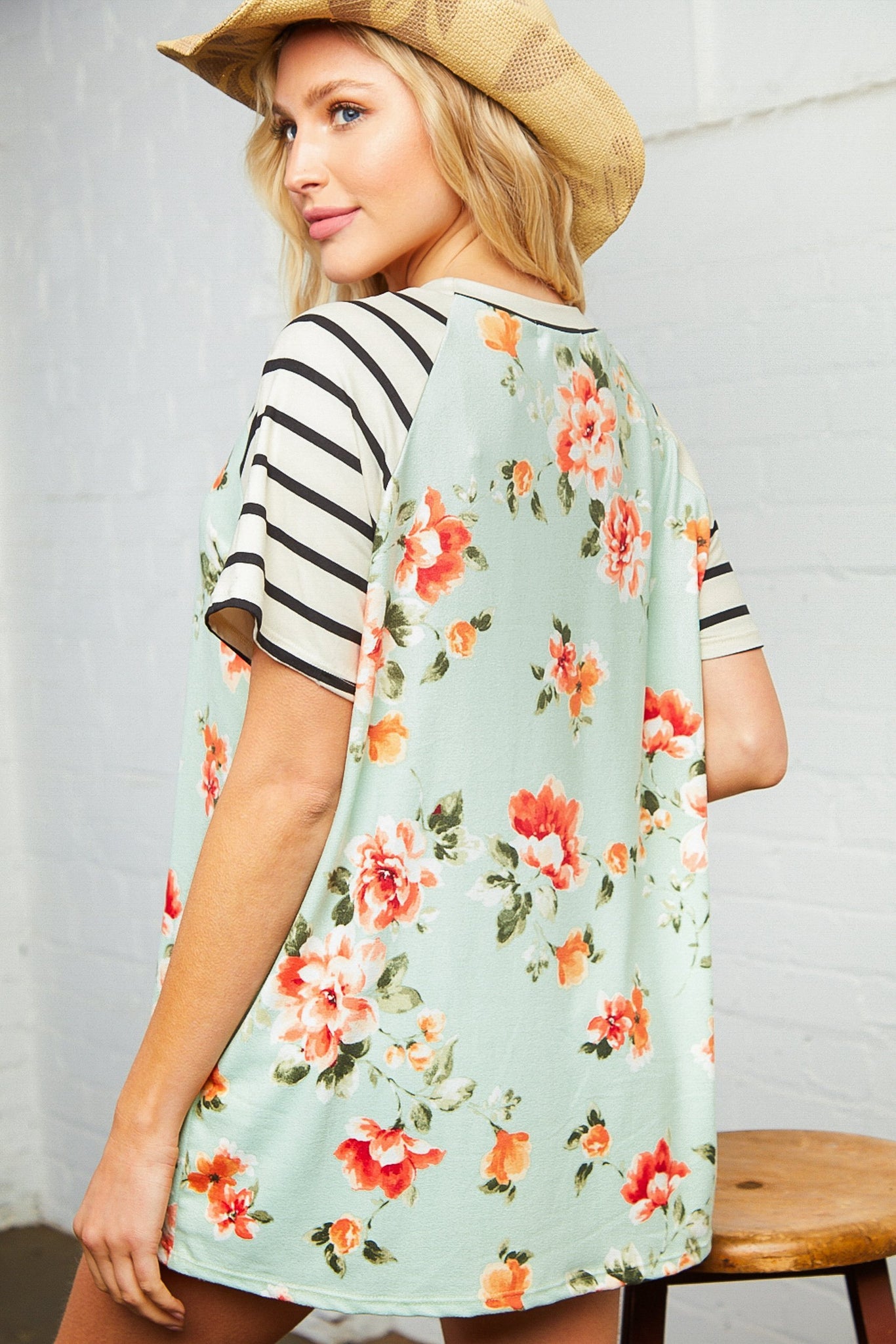 Floral Knit Raglan Stripe Knit Top