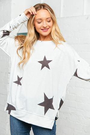 White Star Print Side Slit Pullover