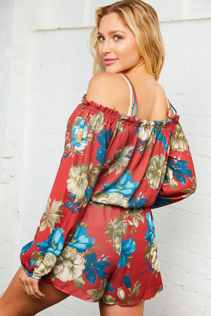 Floral Cold Shoulder Front Tie Romper