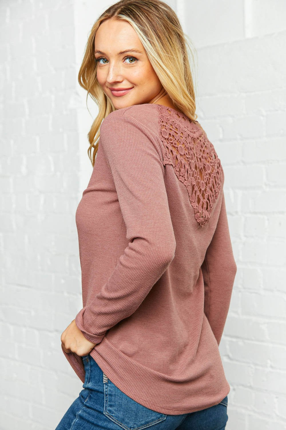 Crochet Back Button Down Thermal Top