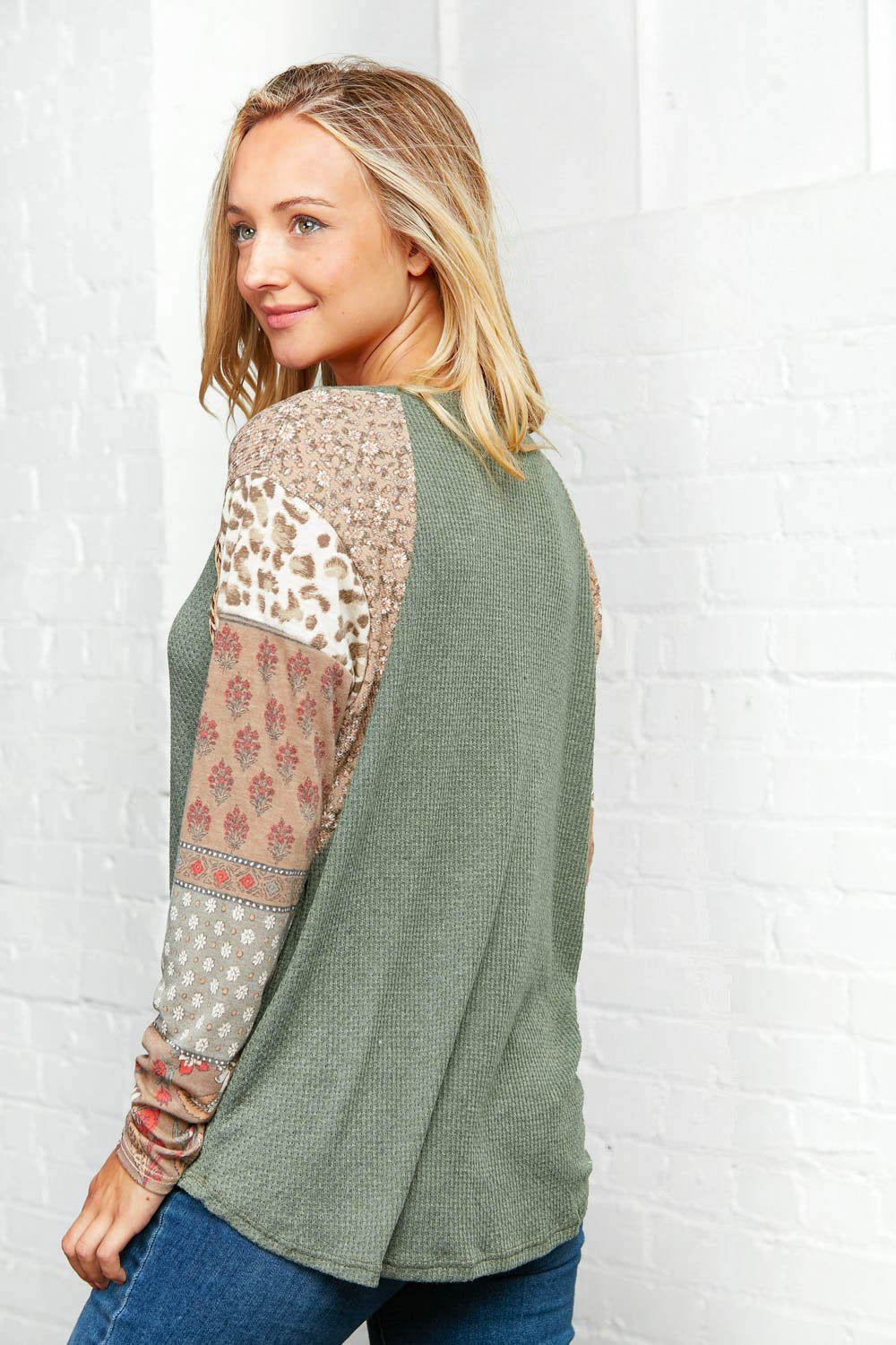 Olive Leopard Multi Print Waffle Color Block Top
