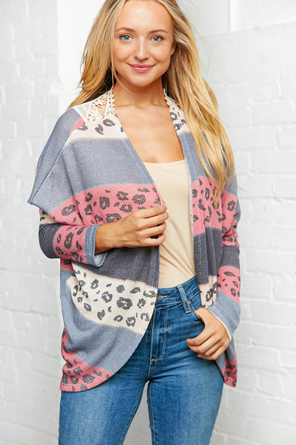 Crochet Back Leopard Print Open Front Cardigan