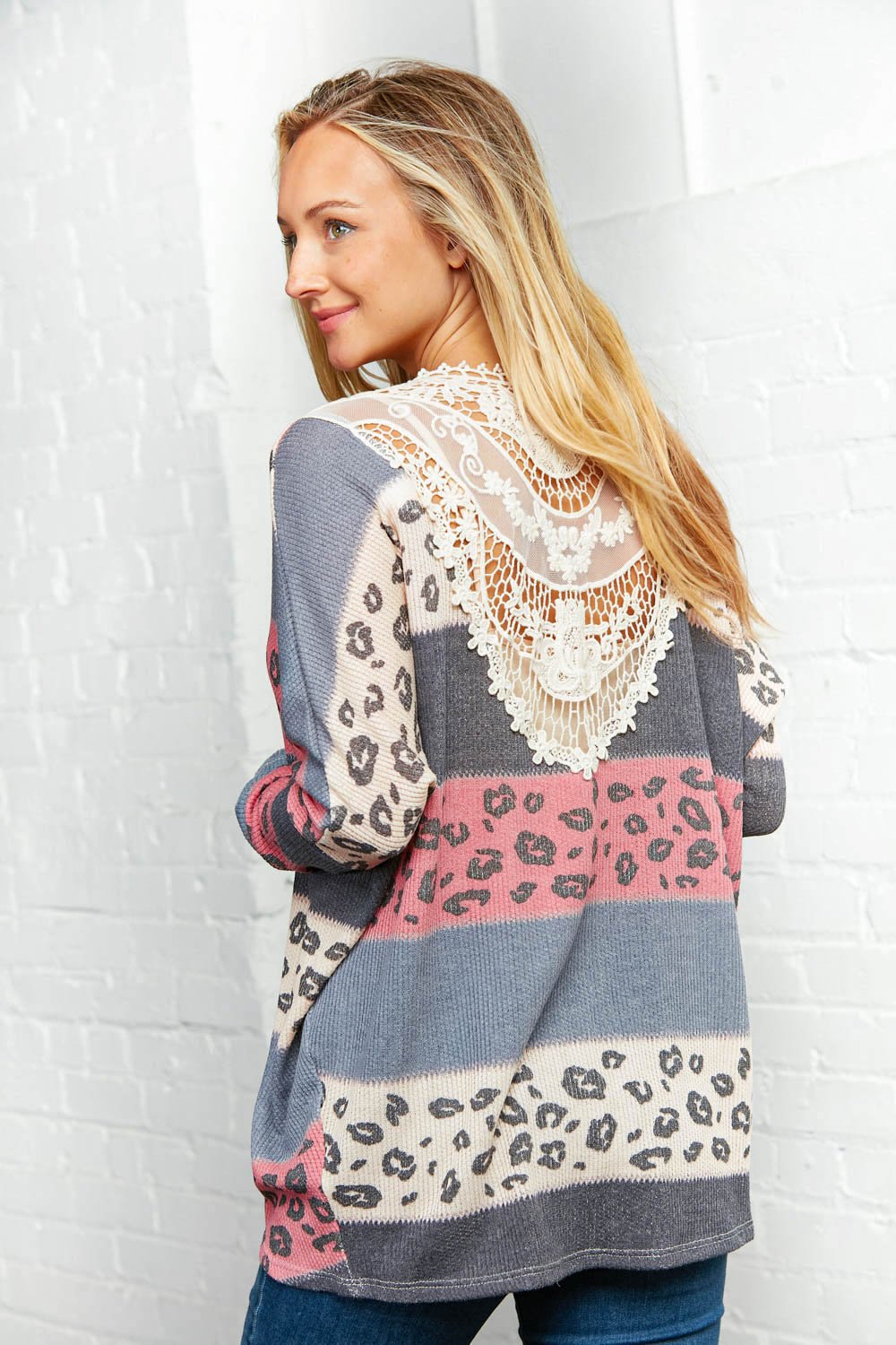 Crochet Back Leopard Print Open Front Cardigan