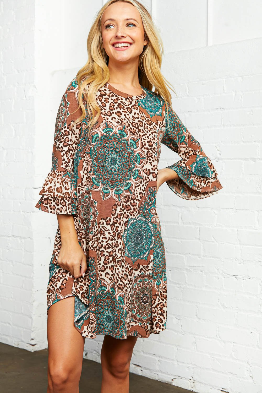 Geo Leopard Print Ruffle Sleeve Pocketed Dress