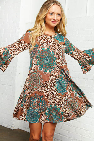 Geo Leopard Print Ruffle Sleeve Pocketed Dress