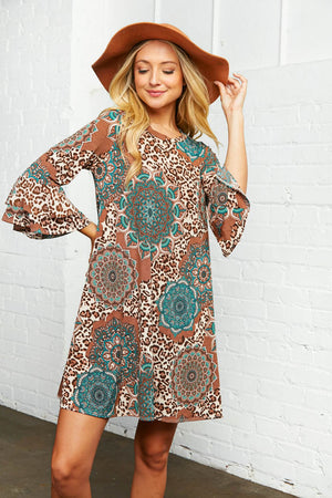 Geo Leopard Print Ruffle Sleeve Pocketed Dress