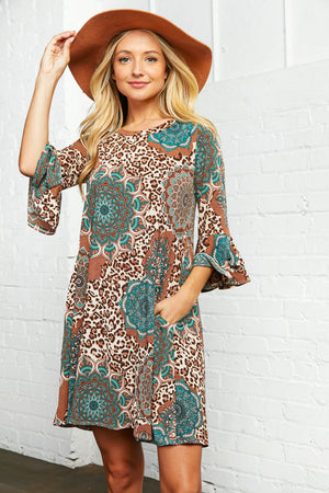 Geo Leopard Print Ruffle Sleeve Pocketed Dress