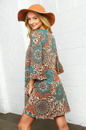 Geo Leopard Print Ruffle Sleeve Pocketed Dress