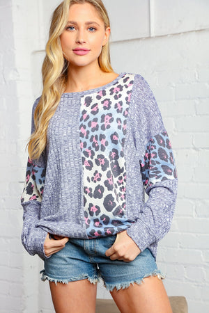 Two Tone Rib Leopard Color Block Knit Top