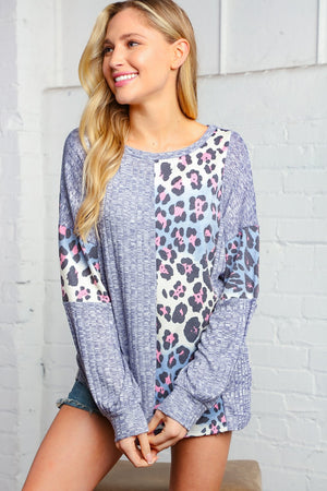 Two Tone Rib Leopard Color Block Knit Top