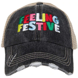 Feeling Festive Distressed Trucker Hat - Black