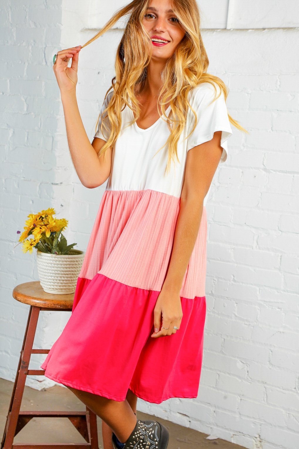Ivory Coral Fuchsia Color Block Dress