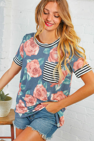 Floral Stripe Front Pocket Knit Top
