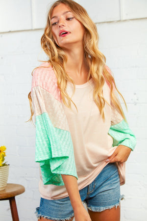 Two Tone Rib Color Block Bell Sleeve Top