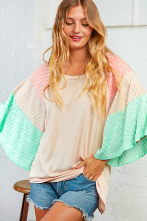 Two Tone Rib Color Block Bell Sleeve Top