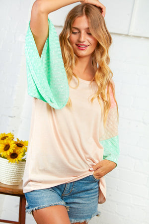 Two Tone Rib Color Block Bell Sleeve Top