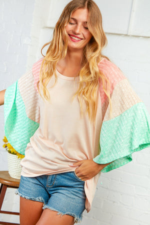 Two Tone Rib Color Block Bell Sleeve Top