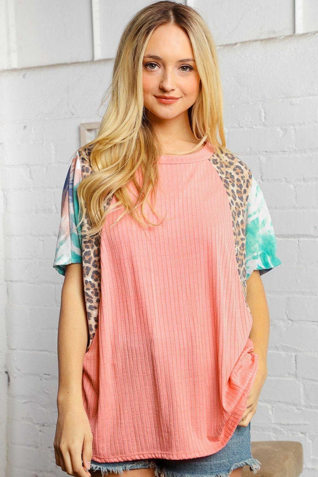 Coral Ribbed Tie Dye & Animal Sleeve Blouse
