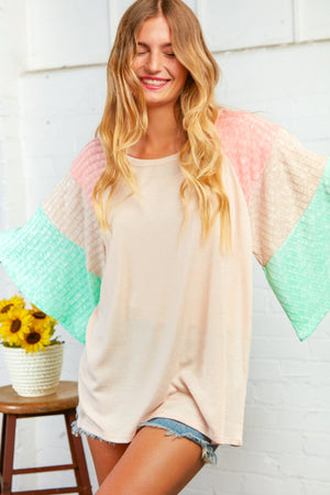 Two Tone Rib Color Block Bell Sleeve Top