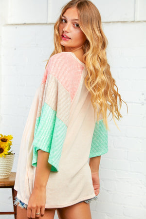 Two Tone Rib Color Block Bell Sleeve Top