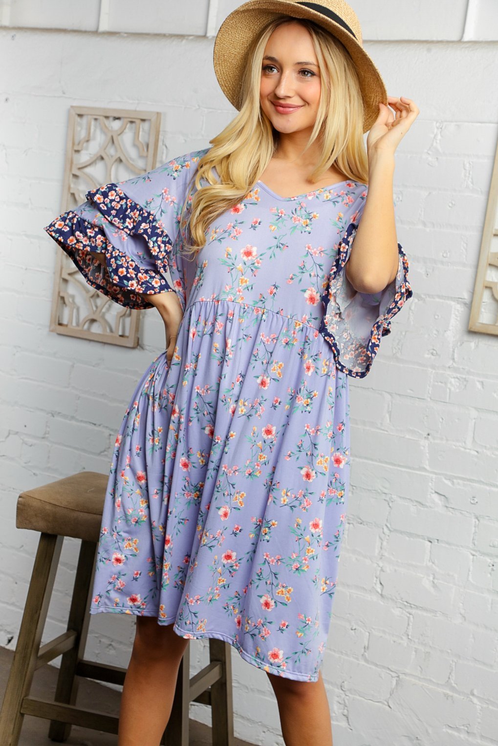 Deep Lilac Floral Double Flutter Sleeve Pocketed Dress