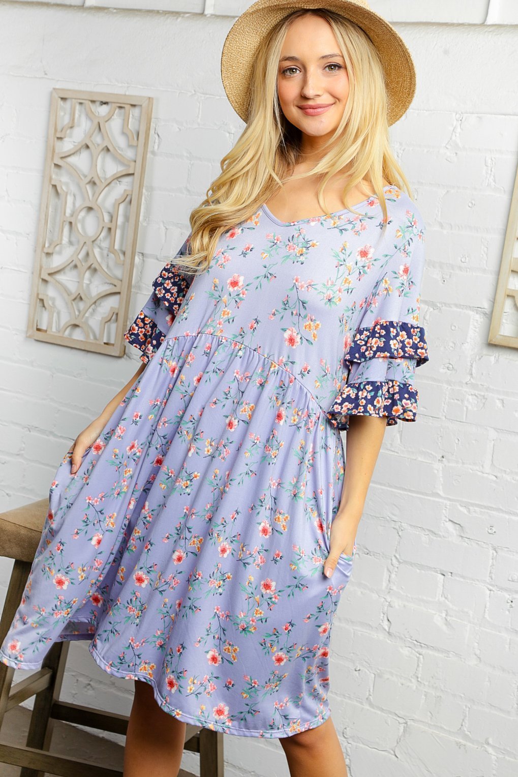 Deep Lilac Floral Double Flutter Sleeve Pocketed Dress