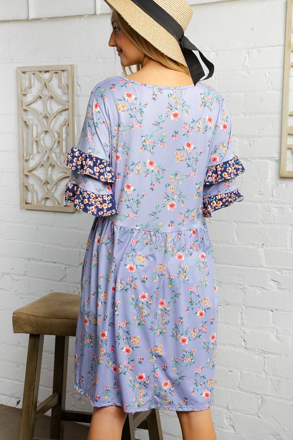 Deep Lilac Floral Double Flutter Sleeve Pocketed Dress