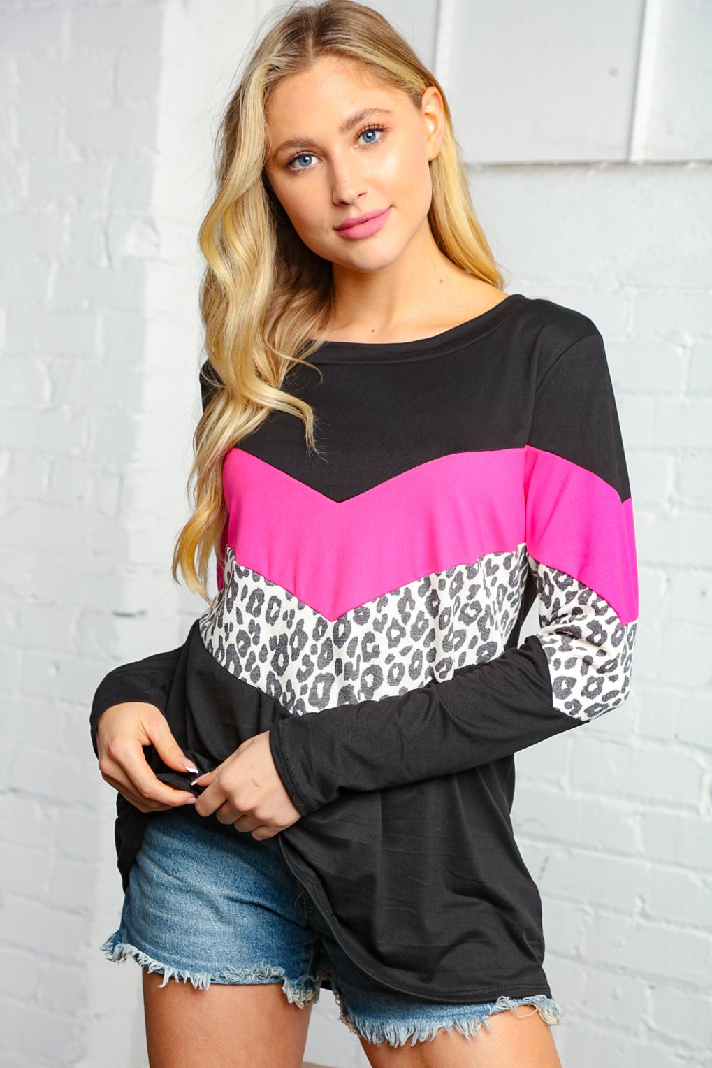 Black and Fuchsia Animal Color Block Blouse