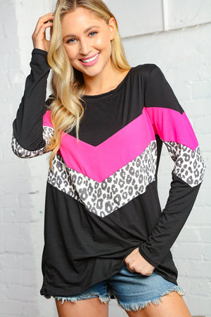 Black and Fuchsia Animal Color Block Blouse