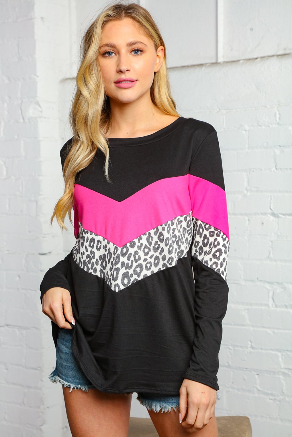 Black and Fuchsia Animal Color Block Blouse