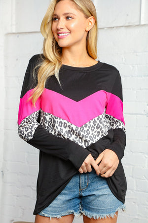 Black and Fuchsia Animal Color Block Blouse